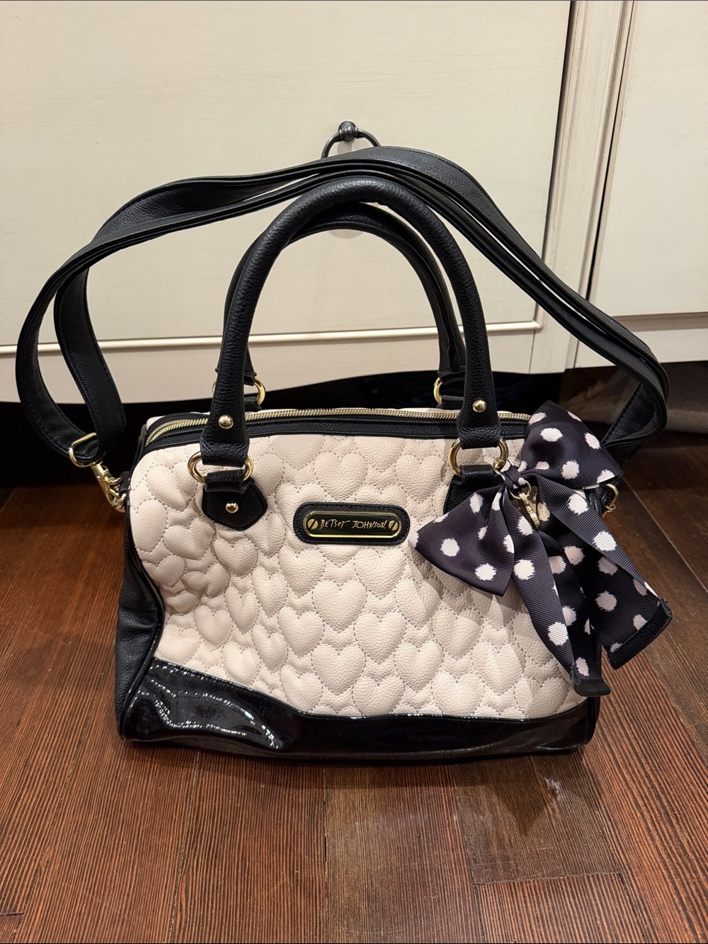Betsey Johnson Cream & Black Quilted Heart Satchel with Polka Dot Bow Accent